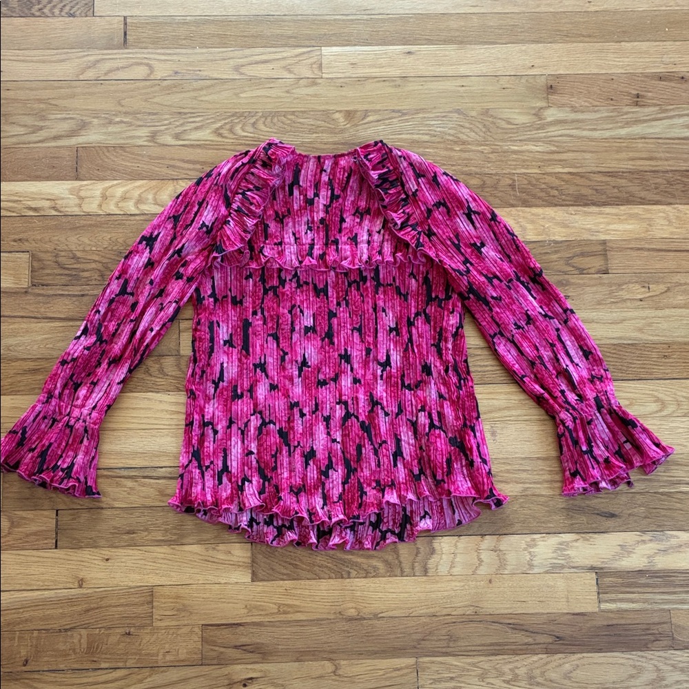 Kenzo Blouse Top Small 34 Peony Pleated Ruffle Romantic Floral Pink Patterned